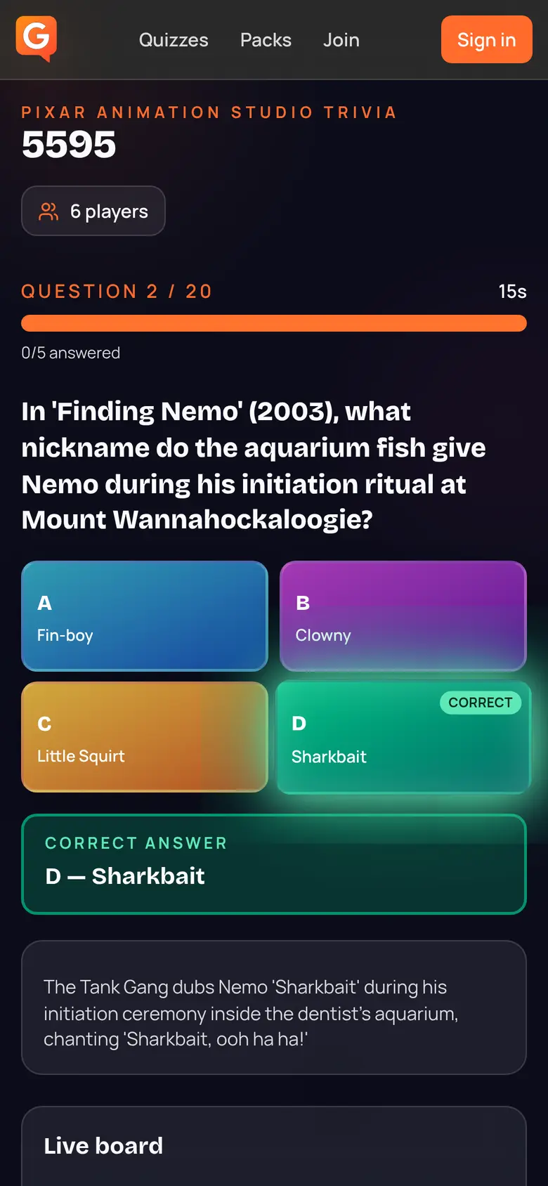 A player’s phone showing a revealed GozQuiz question.