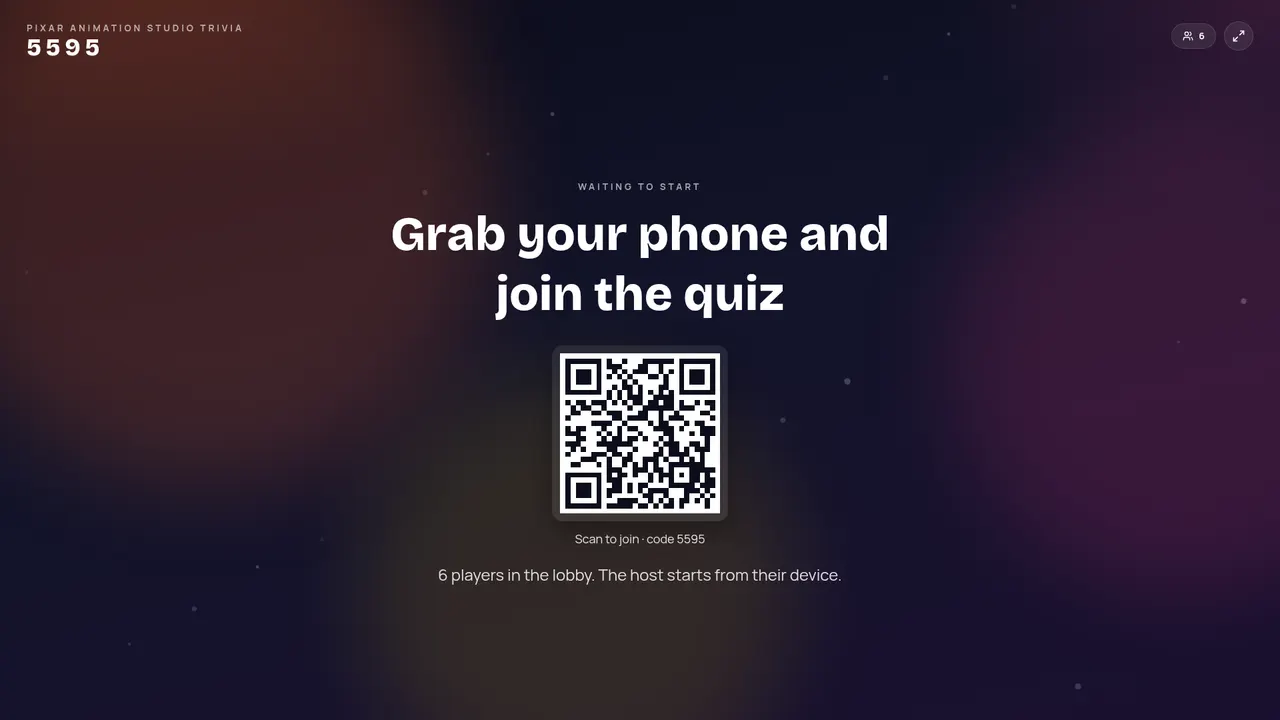 GozQuiz TV lobby with a join code and QR code.